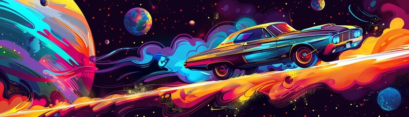 Retro space car cruising the galaxy, whimsical planets in the background, bright colors, overhead angle,hand drawing