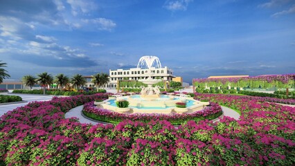 Obraz premium Fountain in center of an Amusement Park sight layouts plan and 3D visualization