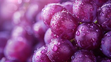 Purple grapes with water droplets in a vibrant close-up shot
