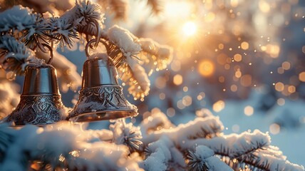 Decorative Christmas bells on a snowy tree branch at sunrise