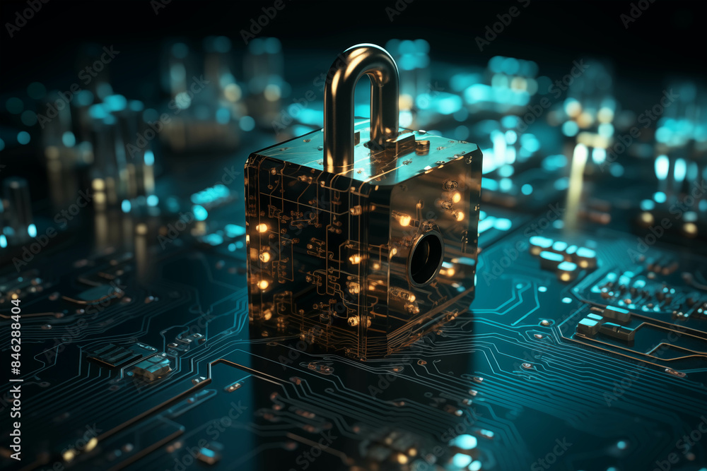 Poster high-tech cybersecurity concept with padlock on digital circuit board
