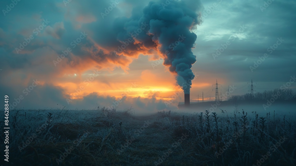 Wall mural Industrial smoke stack with sunset background - Wall murals
