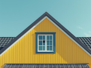 A yellow house with a blue trim and a window