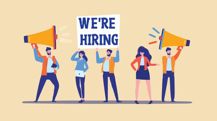 HR recruiting announcement we are hiring advertisement, human resources or employer looking for candidate for job vacancy concept, business people HR with megaphone holding we are hiring sign. design