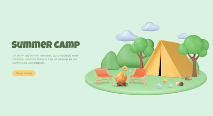 3d summer camping banner concept. Hiking tourism, outdoor adventure. Tent, campfire, folding chairs on lawn with flowers, hills and clouds on background of landscape. Trees render. Vector illustration