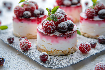 A creamy panna cotta on a plate topped with a layer of berry jelly. It is garnished with fresh raspberries and powdered sugar around it. A beautifully plated dessert.