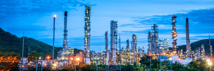 Banner Oil refinery gas petrol plant industry with crude tank, gasoline supply and chemical factory. Petroleum barrel fuel heavy industry oil refinery manufacturing factory plant. Refinery industry