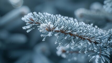 Frozen pine branch covered in frost close-up