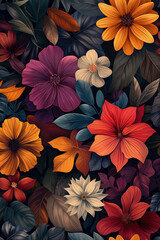 Abstract botanical pattern with colorful leaves and flowers. Digital art style.