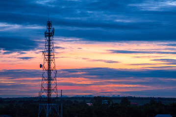 Purple blue sky High voltage pole electric wiring distribution landscape energy engineering. Electricity energetic background purple blue sky countryside. Electric power energy engineering industrial