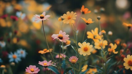 A close-up of blooming flowers in a garden with soft focus background.