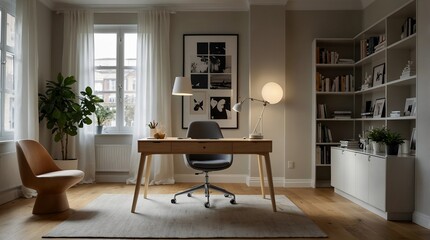 Fototapeta premium Scandinavian Office Design: Light Wood Desk & Functional Elegance