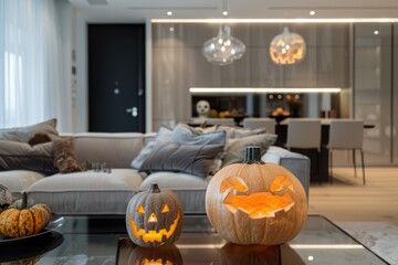 Festive Halloween carved pumpkins with menacing faces illuminated from within, creating a spooky atmosphere