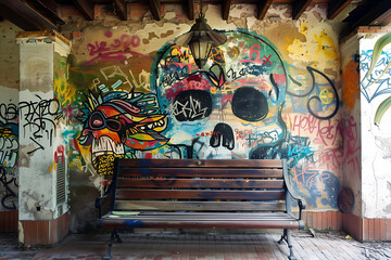 Colorful urban street art alley with vibrant graffiti on the walls. Wooden bench, old lantern creating a lively atmosphere. Bright inscription, street art.