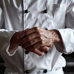Obraz premium Close-up of a chef's hands adjusting their chef's sleeves. Job ID: 24a35e74-4ae2-4b89-9fa8-30b455bdd4dc