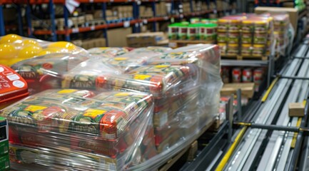 Pallet of wrapped food products in warehouse