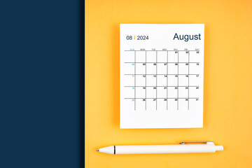 August 2024 calendar card for 2024 year on blue and yellow background.