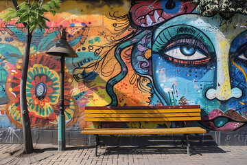 Colorful urban street art alley with vibrant graffiti on the walls. Wooden bench, old lantern creating a lively atmosphere. Bright inscription, street art.