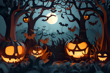 Happy Halloween. Illustration of Halloween theme banner with group of Jack O Lantern pumpkin. 3D paper graphic style of moon, spooky tree and bats on dark background
