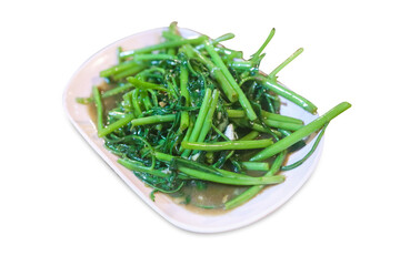 Top view of Stir-Fried Chinese Morning Glory or Water Spinach isolated, focus selective