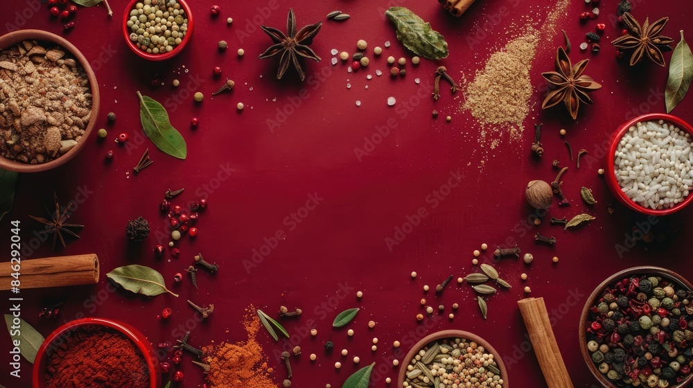 Poster assorted spices arranged on a dark red retro backdrop from above