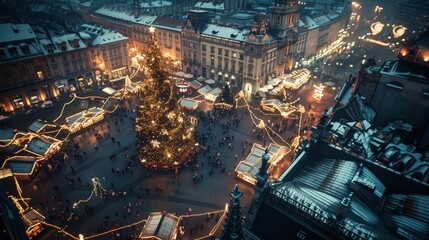 A high-angle view of a decorated city square during Christmas time, with a large Christmas tree as...