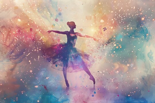 Ethereal ballerina dancing in a colorful, dreamy abstract background, symbolizing grace, creativity, and elegance in motion.