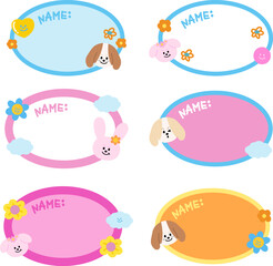 Various designs of cute name tags with puppy, bunny, happy emoji, heart, flower, cloud for back to school, sticker, card, print, masking tape, social media post, decorations, memo, sticky note, animal