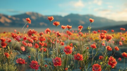 Obraz premium Field of red poppies under blue sky