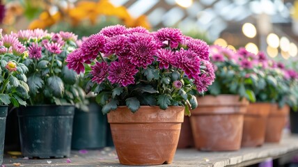 Potted pink chrysanthemums in a greenhouse