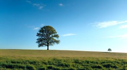 Fototapeta premium Trees standing in the middle of a vast, open field with a clear blue sky, emphasizing simplicity and solitude. 1
