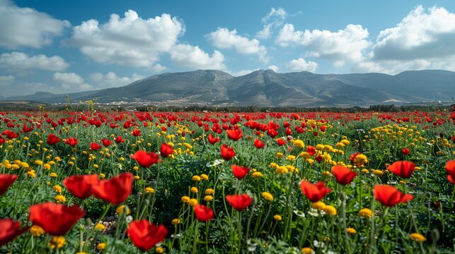 Vibrant flower display of crimson anemones and golden daisies in the south of Israel, perfect for a peaceful picnic on a lovely spring day.