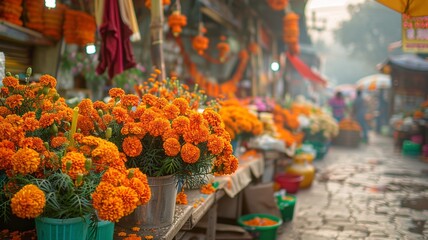Fototapeta premium Vibrant marigold flowers at an outdoor market