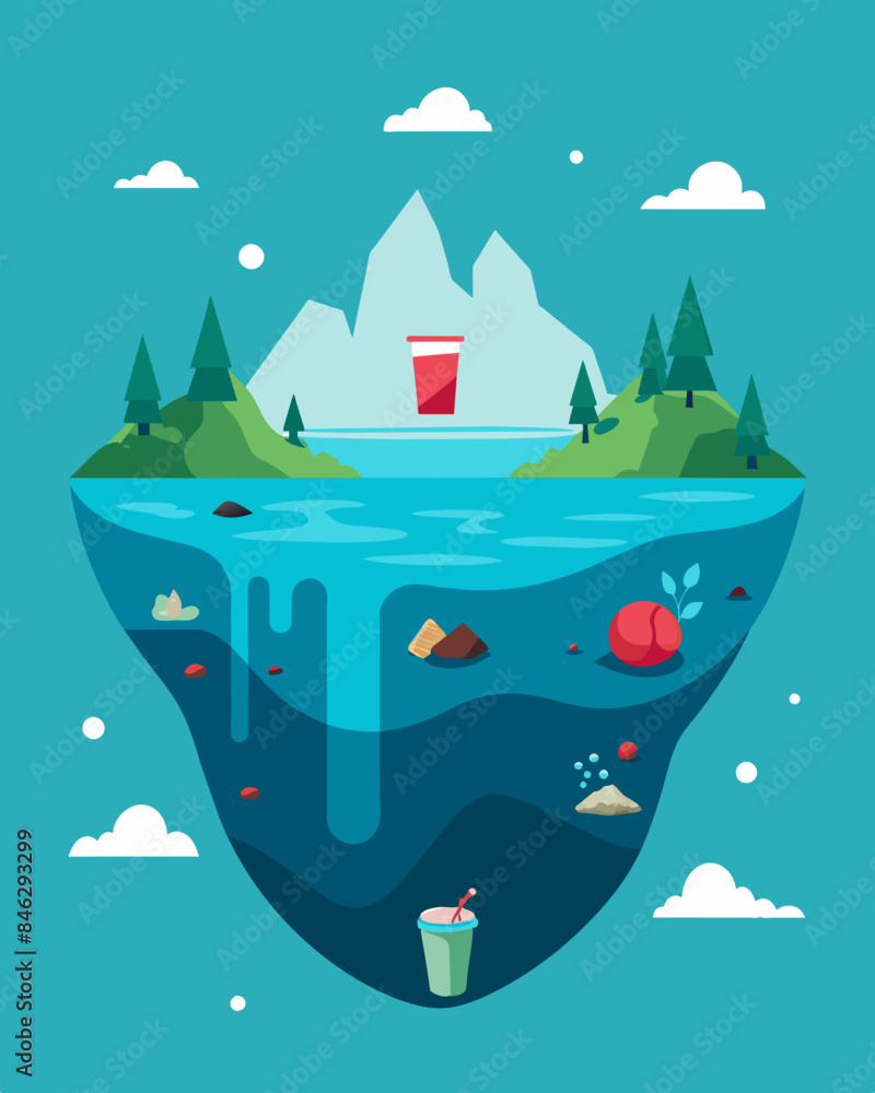 Poster in place of crystalclear waters there are layers of floating garbage and plastic that make it seem l