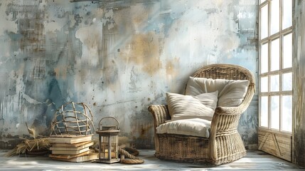 Cozy Coastal Retreat Wicker Chair Weathered Books and Flickering Lantern in Soft Watercolor Interior
