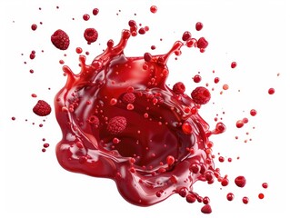 A splash of red raspberry juice is splattered across a white background