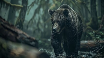 Grizzly bear walking in the rain forest.