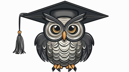 A graduation cap on owl clipart, wisdom element, classic design, black and white, isolated on white background