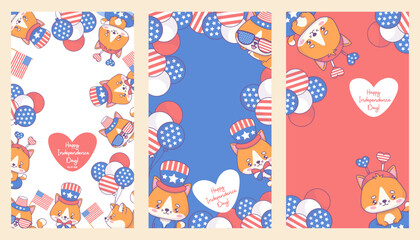 Independence Day banners set. Happy patriotic cats in clothes and accessories with balloons in colors of American flag. Holiday cartoon kawaii character. Isolated vertical vector illustration