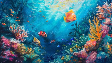 Underwater ocean scene with cute fish and corals illustration, oil art pastel.