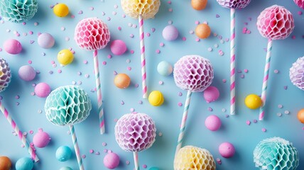 Fototapeta premium Colorful lollipop decorations on pastel background