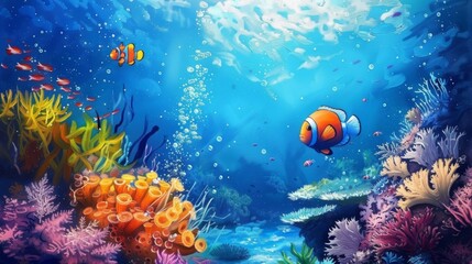 Fototapeta premium Underwater ocean scene with cute fish and corals illustration, oil art pastel.