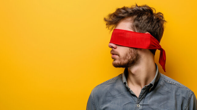 Portrait of a young man with a blindfold on yellow background with copy space