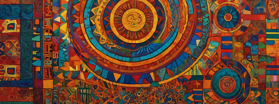 An abstract artwork celebrating community and diversity, using a vibrant mix of colors, shapes, and patterns to reflect the richness and complexity of multicultural societies

