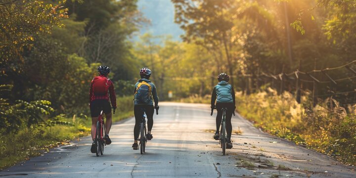 Three youthful Asian bikers cycling outdoors on countryside route.