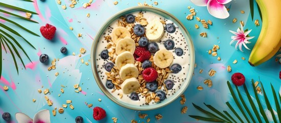 Refreshing tropical fruit smoothie bowl with a mix of coconut, bananas, blueberries, and granola. Overhead shot against a vibrant backdrop.