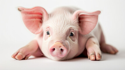 Cute pink piglet sitting and smiling on white background, isolated with clipping path