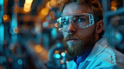 Fototapeta premium A Committed Scientist In A Renewable Energy Plant, Carefully Monitoring Production