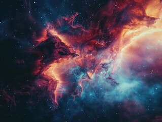 A colorful space scene with a large red and blue cloud