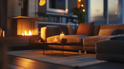A contemporary living room featuring a stylish sofa and a cozy fire, captured with HD precision